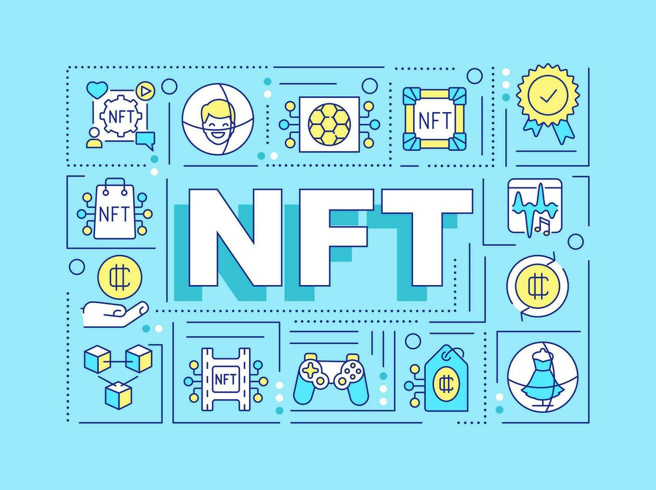 NFT word concepts blue banner. Investment in crypto art. Infographics with editable icons on color background. Isolated typography. Vector illustration with text