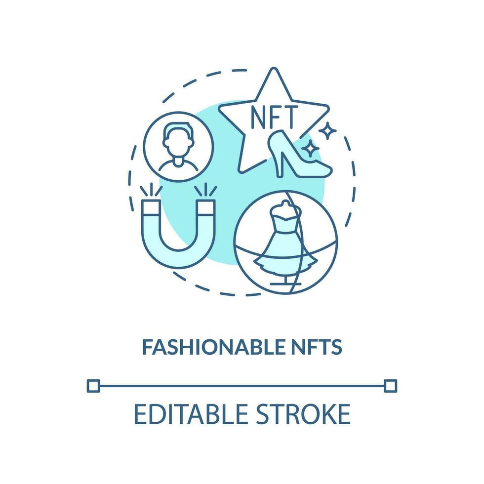 Fashionable NFTs turquoise concept icon. Blockchain. Trend in digital space abstract idea thin line illustration. Isolated outline drawing. Editable stroke vector