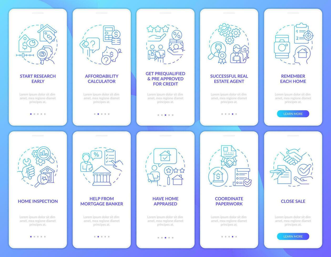 Buying home blue gradient onboarding mobile app screen set. New property guide walkthrough 5 steps graphic instructions with linear concepts. UI, UX, GUI template vector