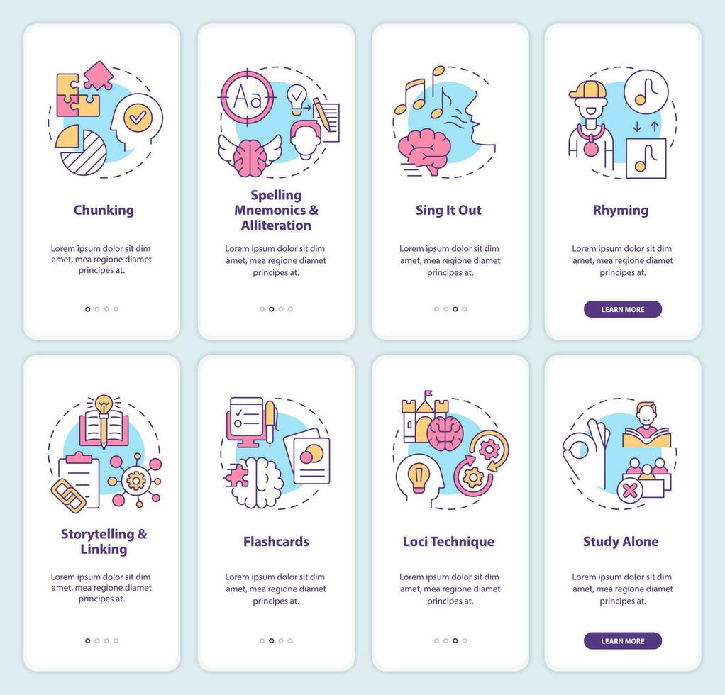 Memorizing things onboarding mobile app screen set. Learning strategy walkthrough 4 steps editable graphic instructions with linear concepts. UI, UX, GUI template vector