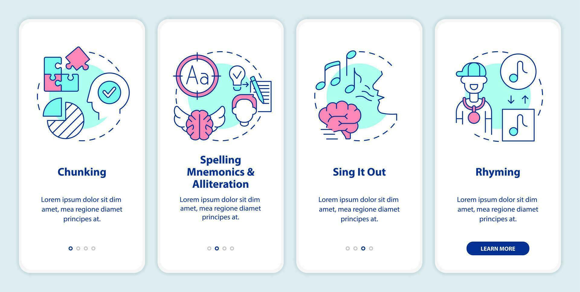 Verbal memorization techniques onboarding mobile app screen. Remember walkthrough 4 steps editable graphic instructions with linear concepts. UI, UX, GUI template vector