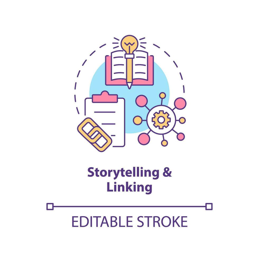 Storytelling, linking technique concept icon. Visual memorization method. Imagination abstract idea thin line illustration. Isolated outline drawing. Editable stroke vector