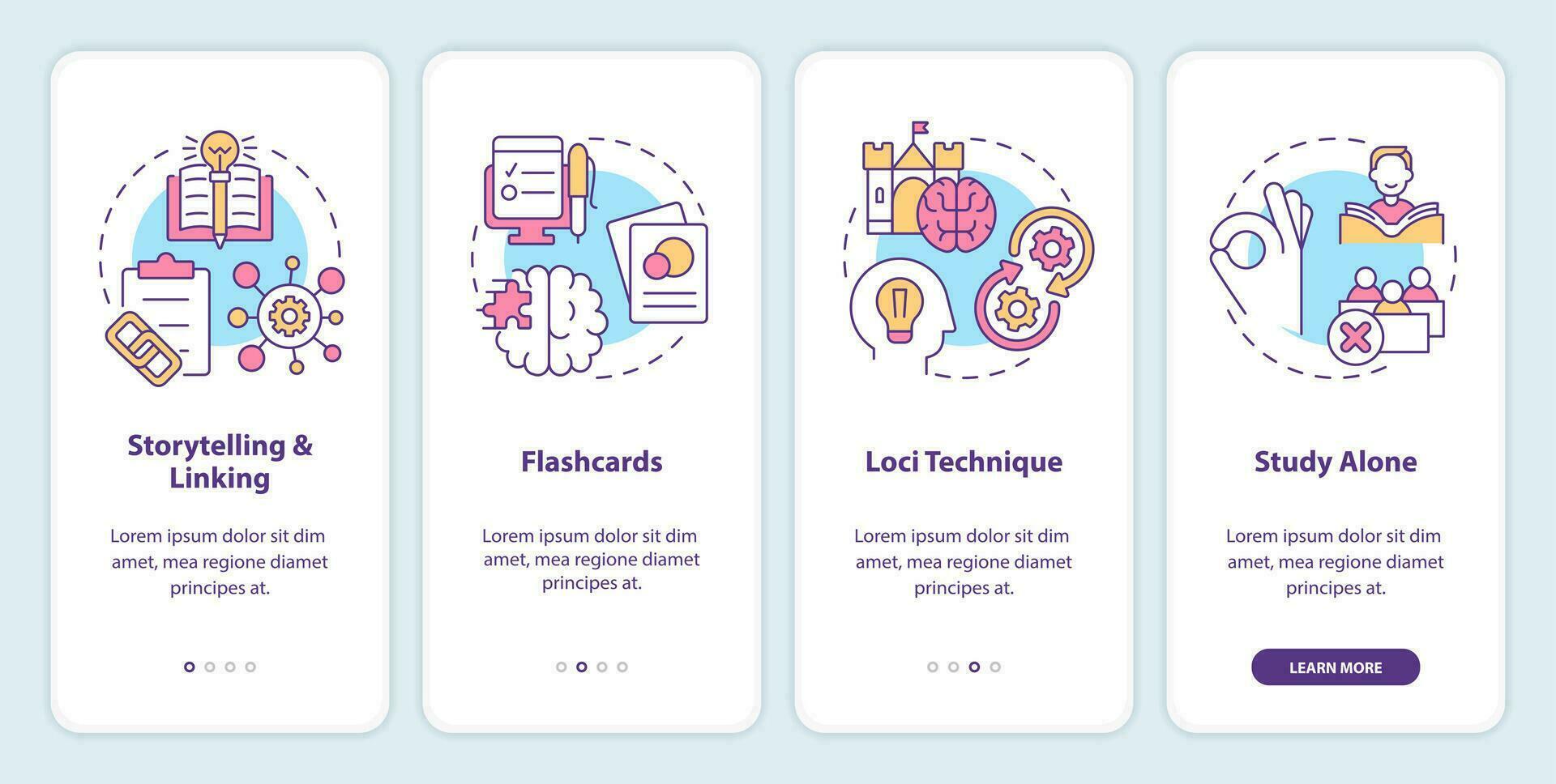 Visual memorization methods onboarding mobile app screen. Train brain walkthrough 4 steps editable graphic instructions with linear concepts. UI, UX, GUI template vector