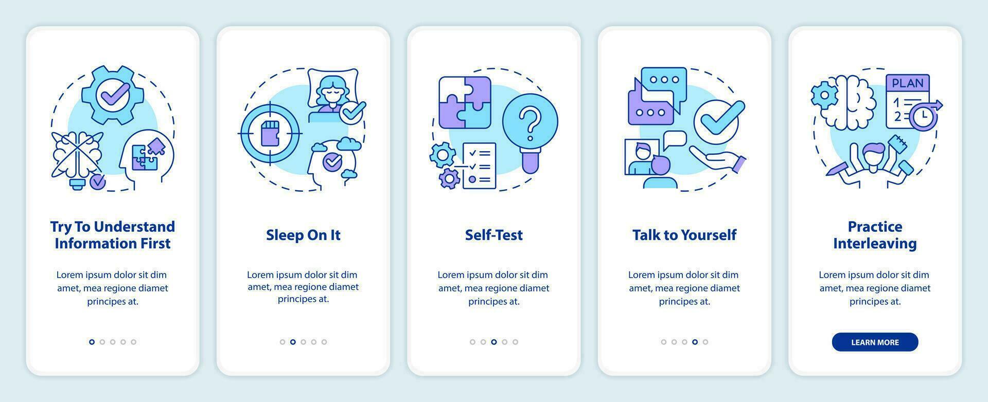 Simple memory tricks onboarding mobile app screen. Learning new walkthrough 5 steps editable graphic instructions with linear concepts. UI, UX, GUI template vector