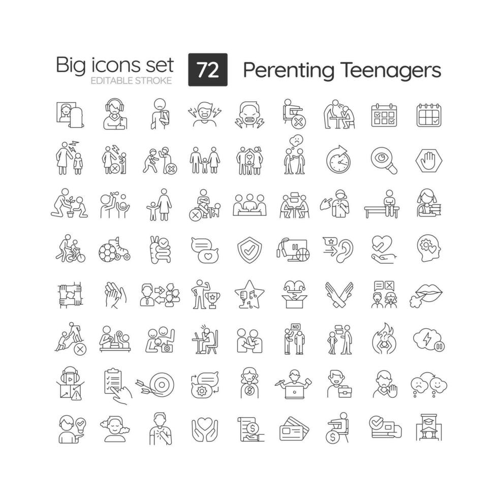 Parenting teenagers linear icons set. Raising adolescent children. Positive relationship in family. Customizable thin line symbols. Isolated vector outline illustrations. Editable stroke