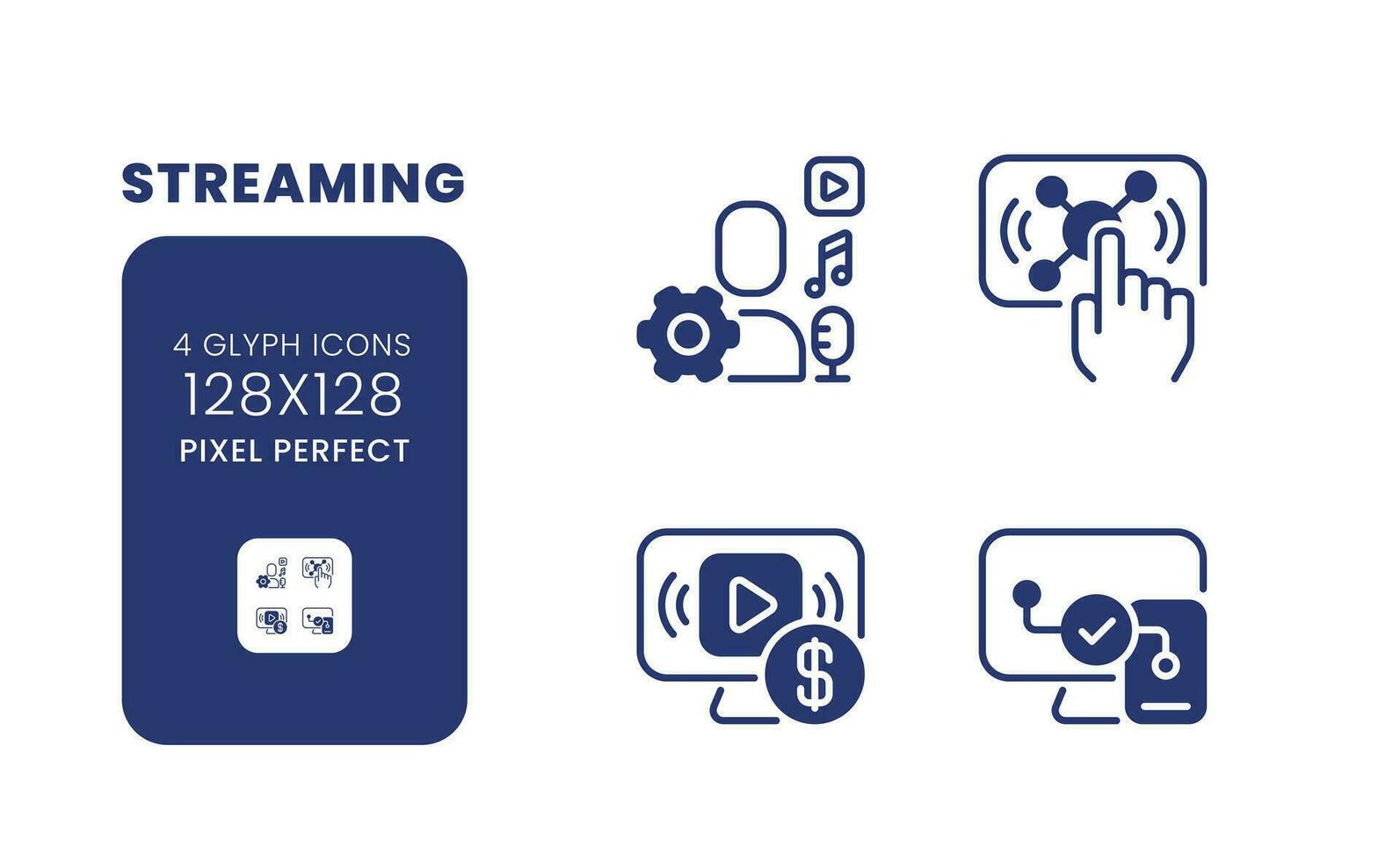 Streaming black solid desktop icons pack. Live interactive content. Digital marketing. Smart TV. Pixel perfect 128x128, outline 4px. Symbols on white space. Glyph pictograms. Isolated vector images