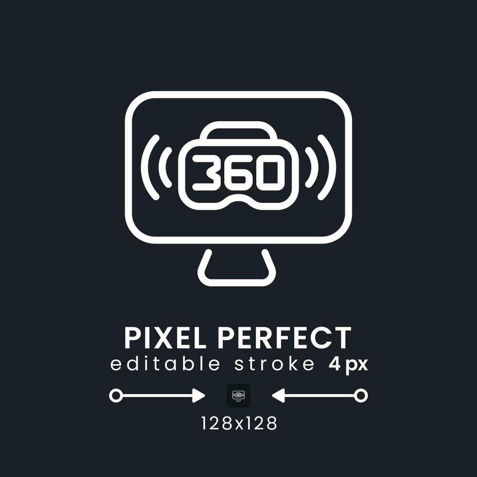VR live streaming white linear desktop icon on black. Virtual reality. Interactive content. Pixel perfect 128x128, outline 4px. Isolated user interface symbol for dark theme. Editable stroke vector