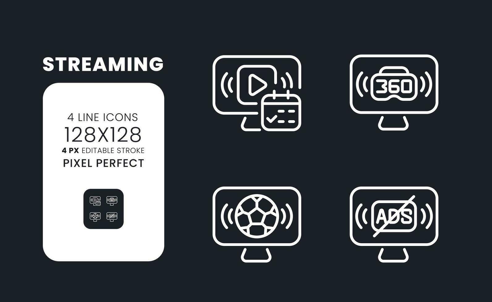 Streaming white linear desktop icons on black. Watching content online. Sports broadcasting. Pixel perfect 128x128, outline 4px. Isolated interface symbols pack for dark mode. Editable stroke vector