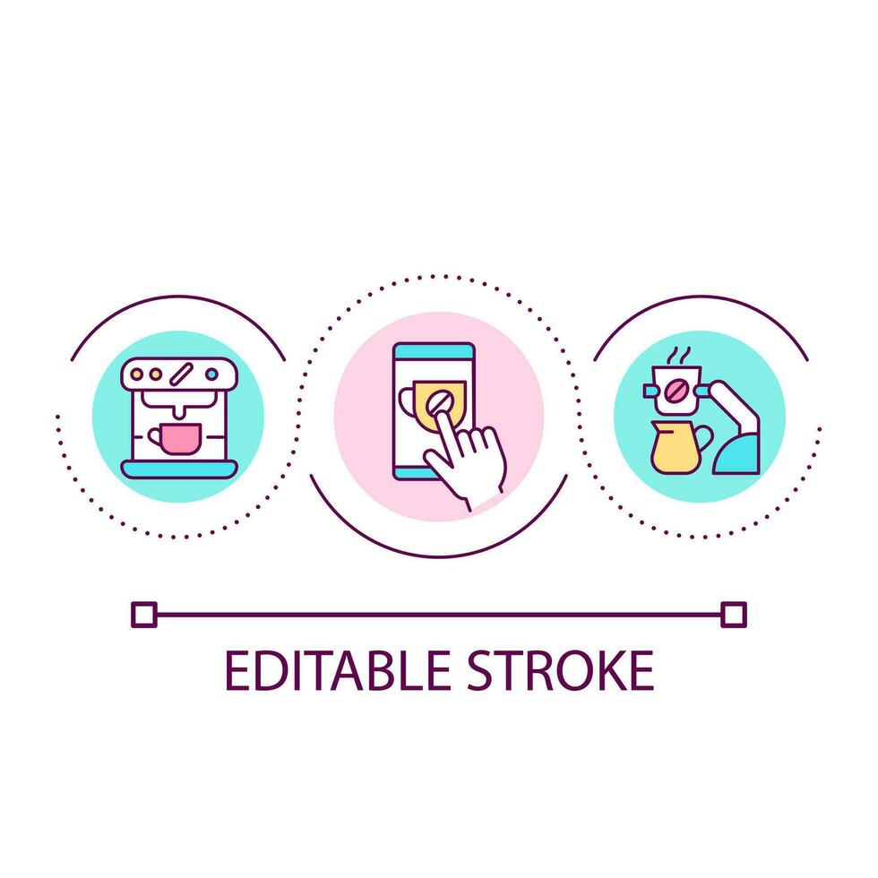 Coffee machine loop concept icon. Robotic barista. Restaurant business optimization. IoT abstract idea thin line illustration. Isolated outline drawing. Editable stroke vector
