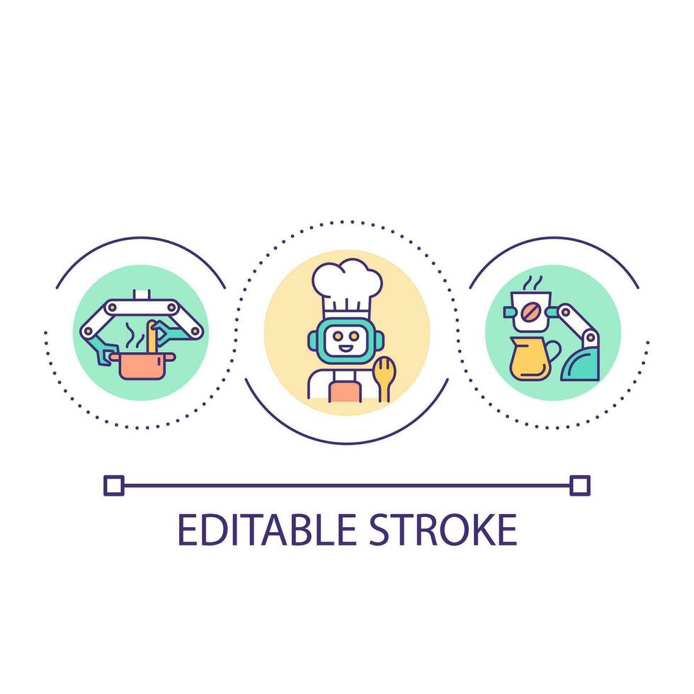 Robotic cooking machine loop concept icon. Artificial intelligence prepares food. Kitchen assistant abstract idea thin line illustration. Isolated outline drawing. Editable stroke vector