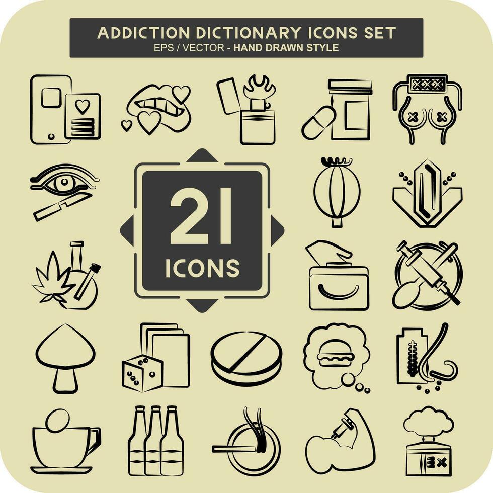 Icon Set Addiction Dictionary. related to Addiction symbol. hand drawn style. simple design editable. simple illustration vector