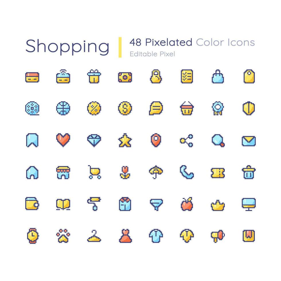 Shopping editable pixel color ui icons set. Digital commerce. Online store. Retro style design for arcade, video game art. Vector isolated 8bit graphic elements collection
