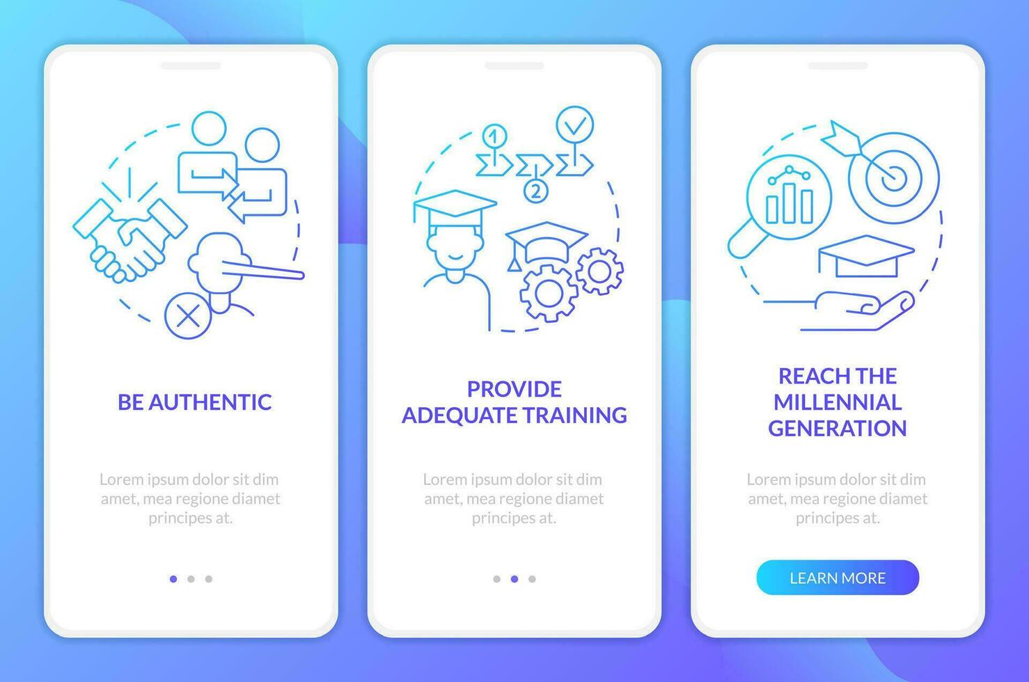 Effective employer-worker relations blue gradient onboarding mobile app screen. Walkthrough 3 steps graphic instructions with linear concepts. UI, UX, GUI template vector