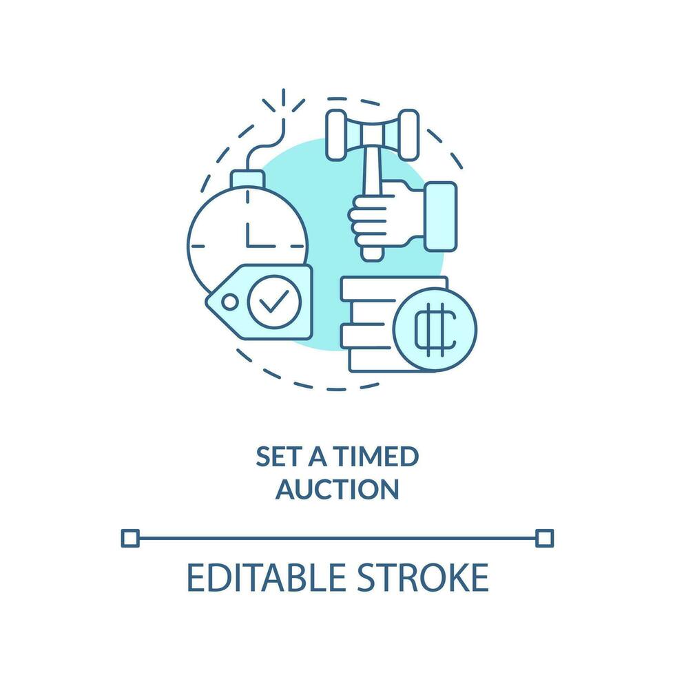 Set timed auction turquoise concept icon. Limited betting period. Way of NFTs selling abstract idea thin line illustration. Isolated outline drawing. Editable stroke vector