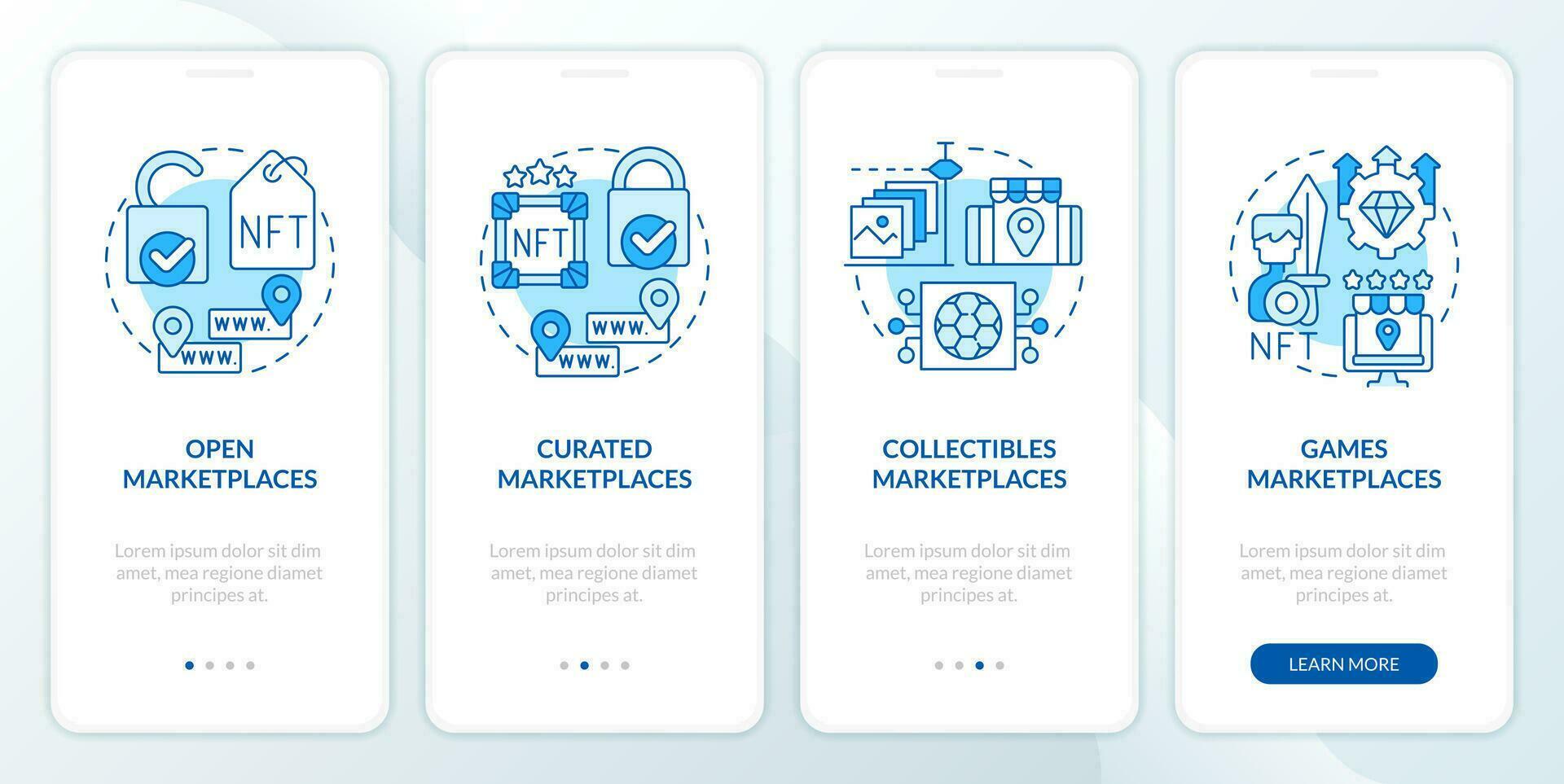 NFT marketplace categories blue onboarding mobile app screen. Business walkthrough 4 steps editable graphic instructions with linear concepts. UI, UX, GUI template vector