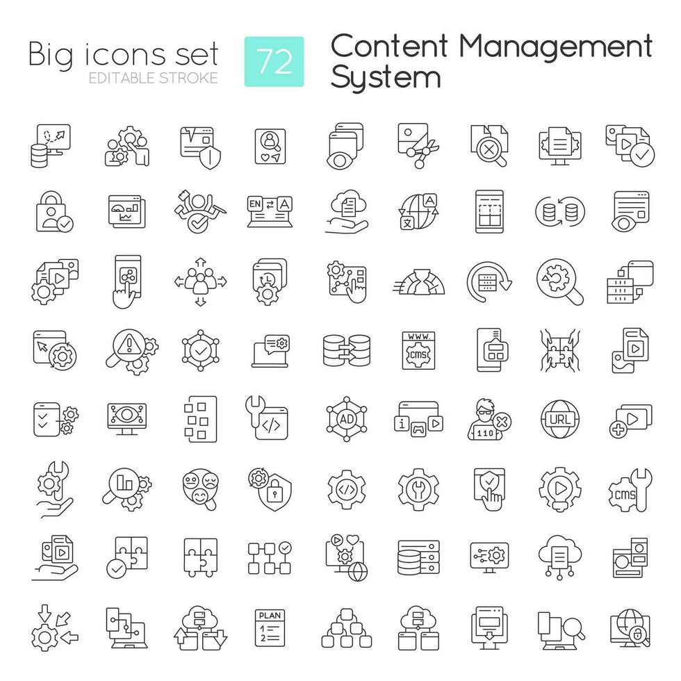 Content management system linear icons set. CMS features. Digital platform. Customizable thin line symbols. Isolated vector outline illustrations. Editable stroke used