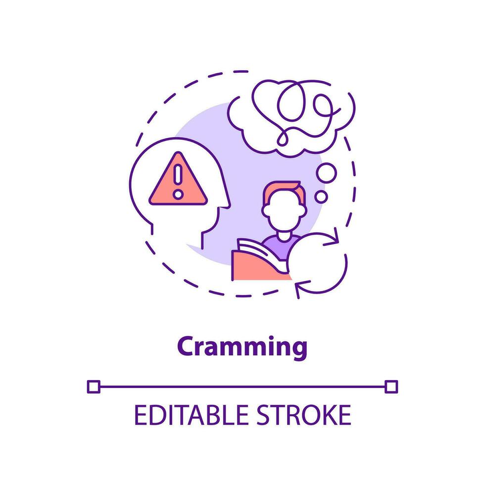 Cramming concept icon. Ineffective learning. Overload mind. Exam preparation abstract idea thin line illustration. Isolated outline drawing. Editable stroke vector