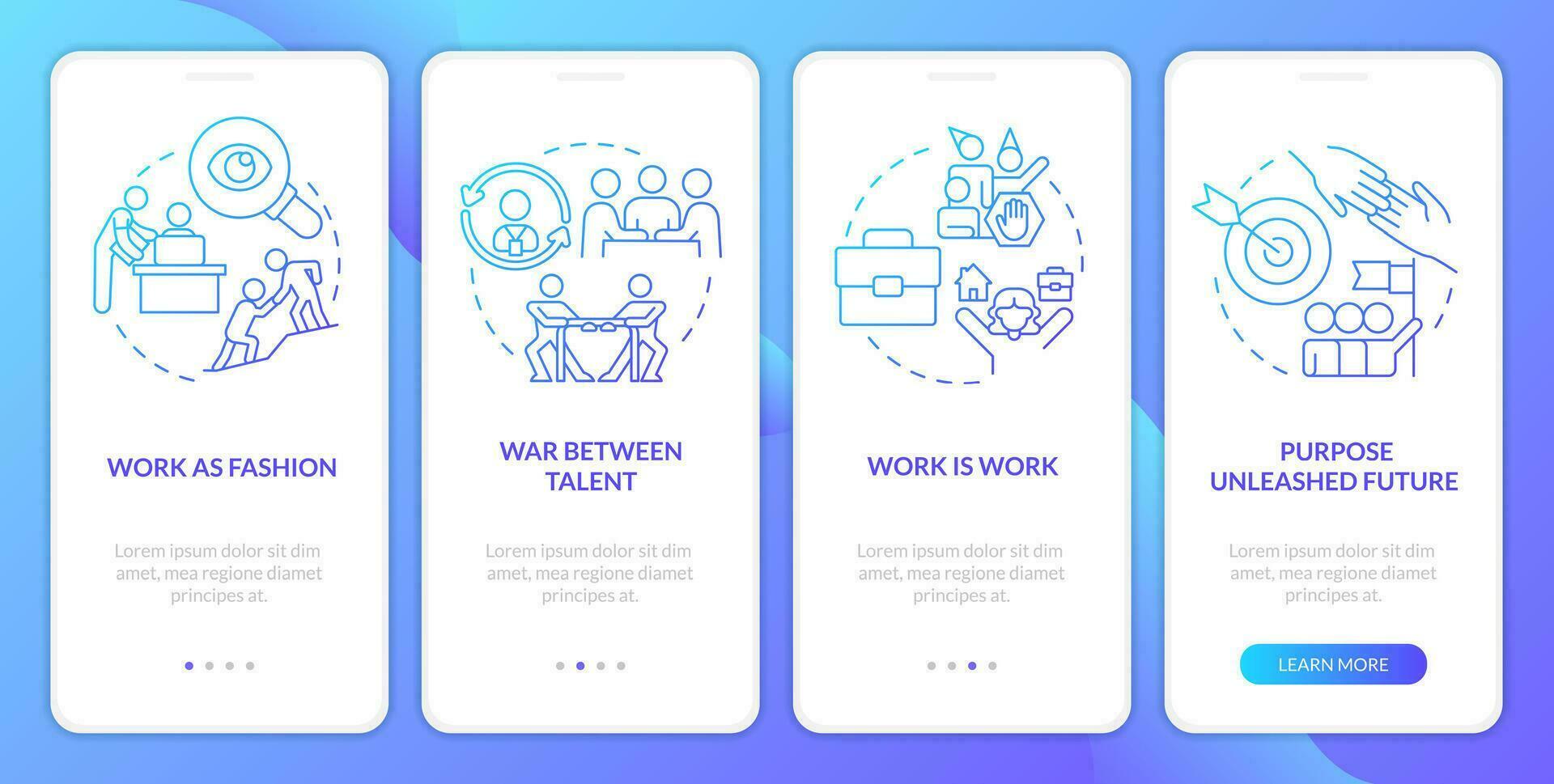 Potential future of work relations blue gradient onboarding mobile app screen. Walkthrough 4 steps graphic instructions with linear concepts. UI, UX, GUI template vector