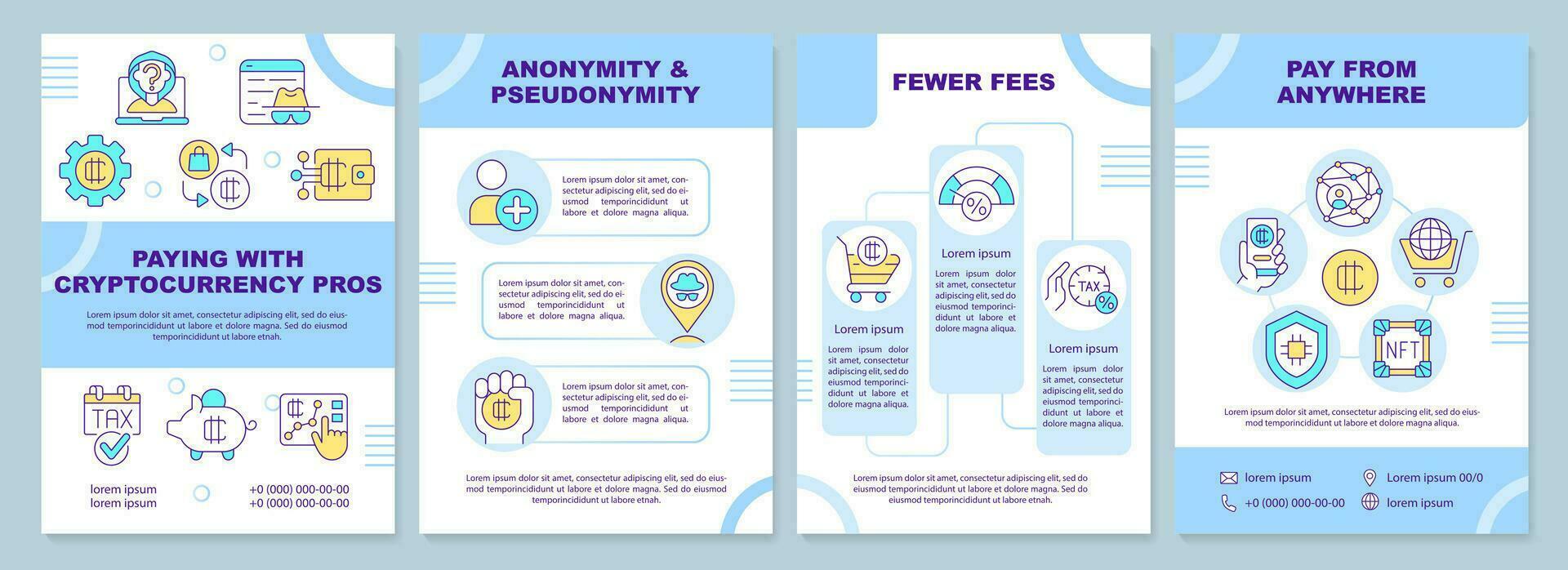 Paying with cryptocurrency pros blue brochure template. Leaflet design with linear icons. Editable 4 vector layouts for presentation, annual reports