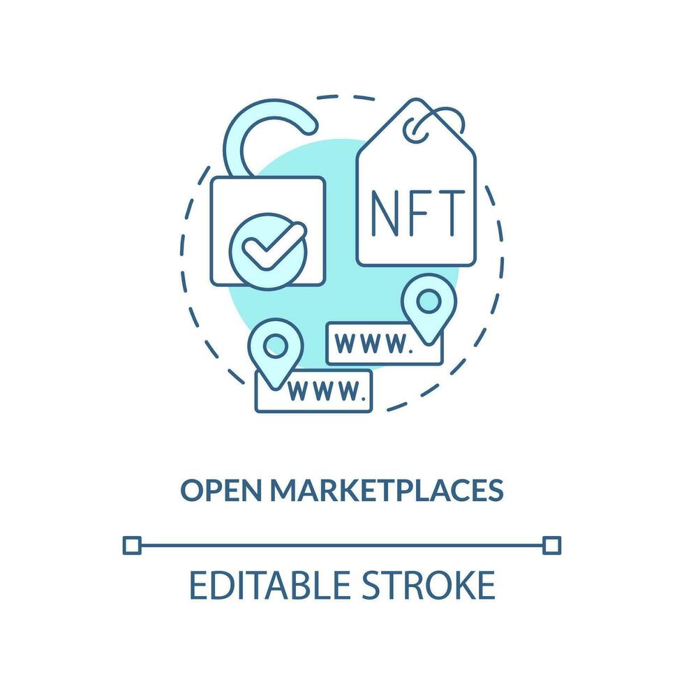 Open marketplaces turquoise concept icon. Blockchain. NFT selling platform category abstract idea thin line illustration. Isolated outline drawing. Editable stroke vector