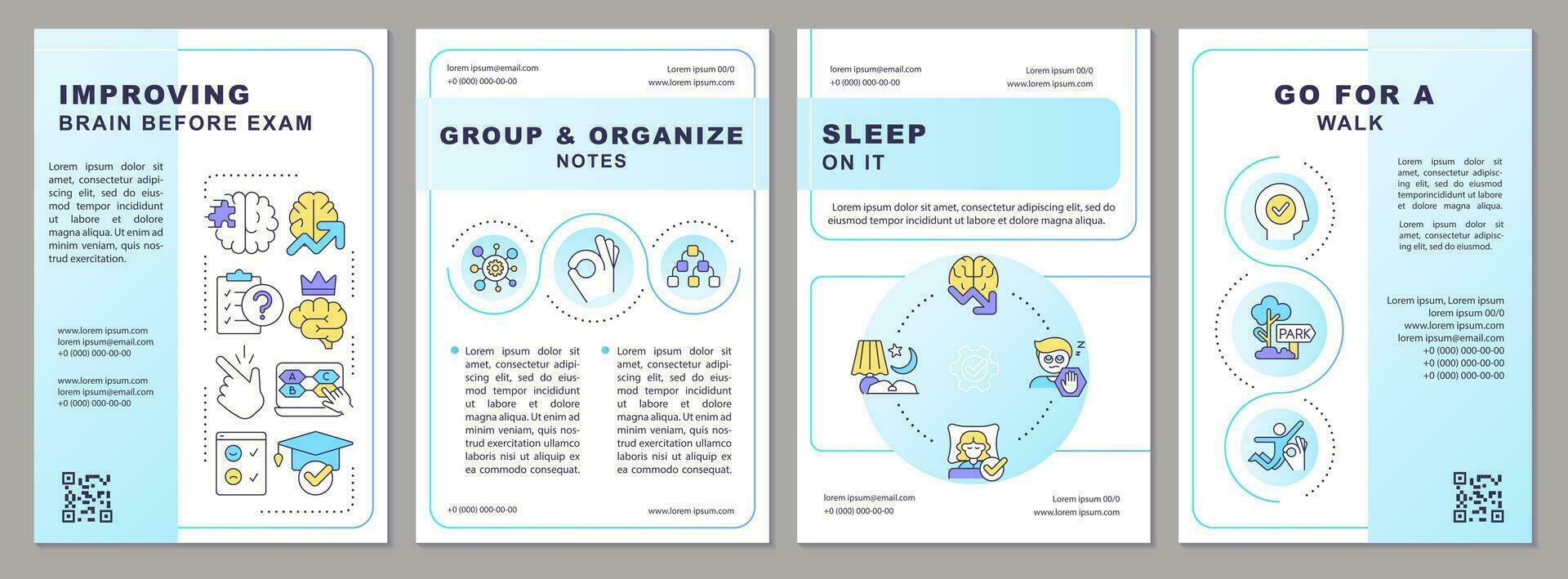 Improving brain before exam blue brochure template. Effective study. Leaflet design with linear icons. Editable 4 vector layouts for presentation, annual reports