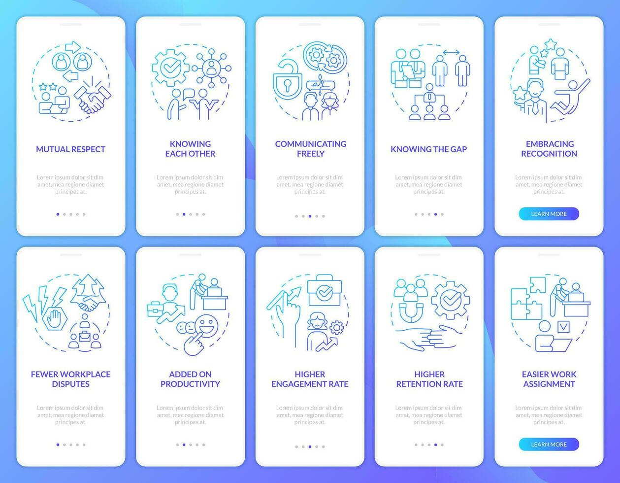 Relationship with employees blue gradient onboarding mobile app screen set. Walkthrough 5 steps graphic instructions with linear concepts. UI, UX, GUI template vector