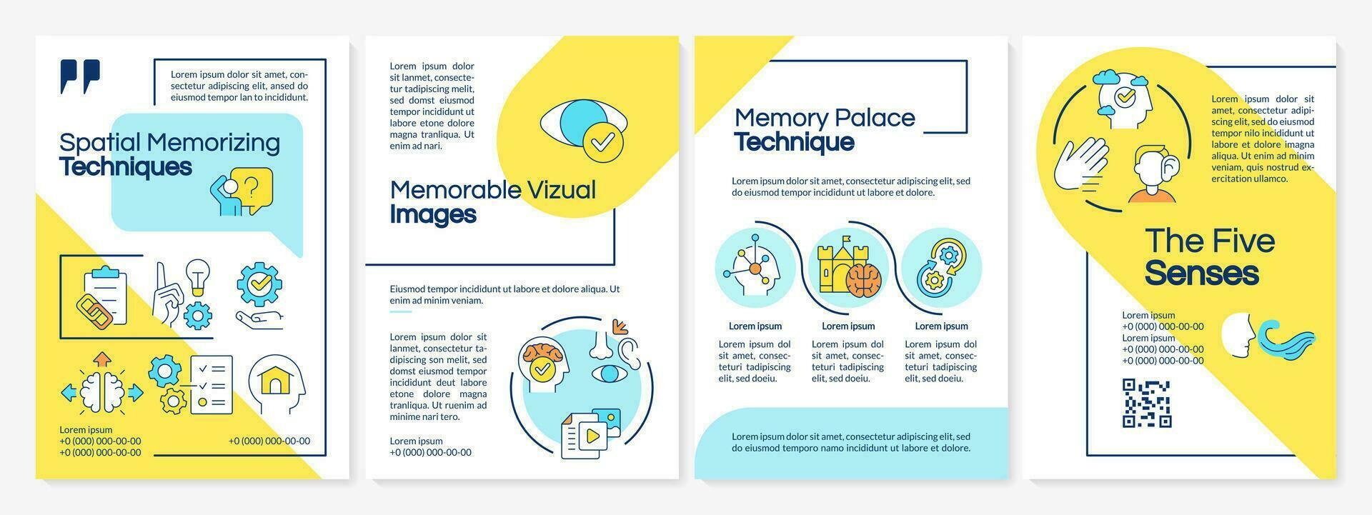 Spatial memorizing techniques blue and yellow brochure template. Leaflet design with linear icons. Editable 4 vector layouts for presentation, annual reports