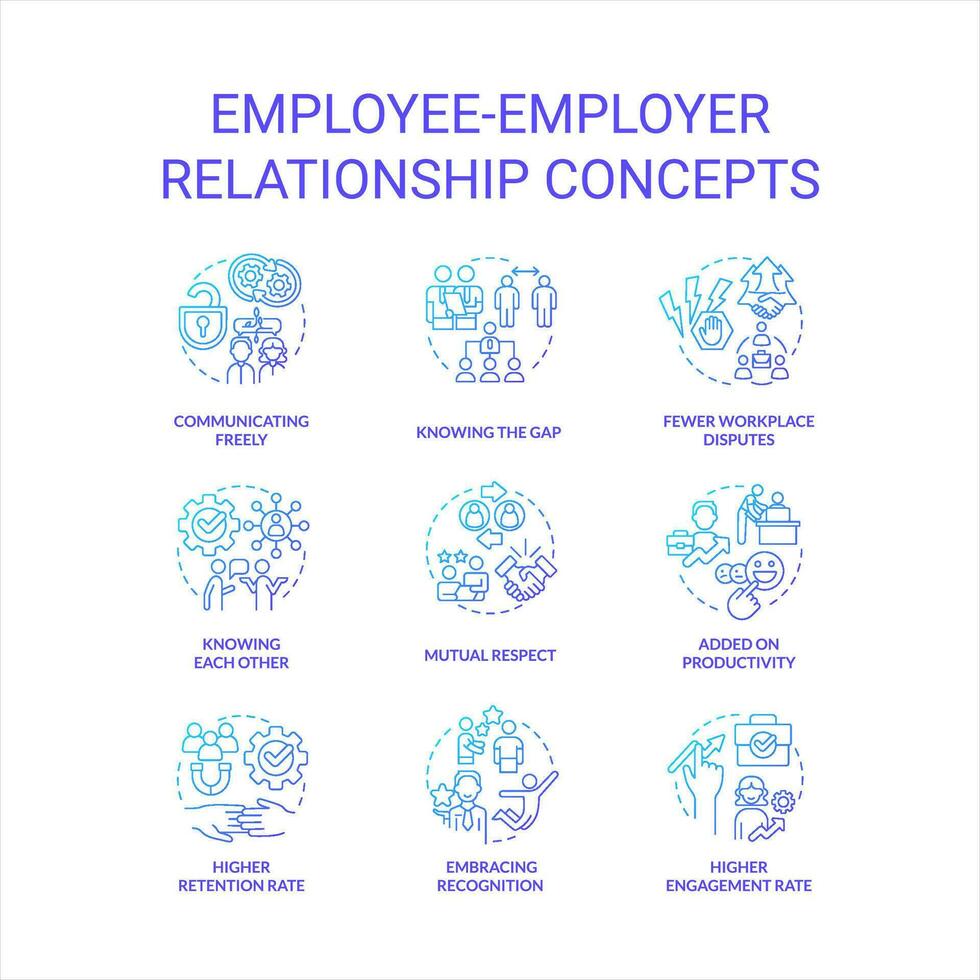 Employee employer relationship blue gradient concept icons set. Engage workers. Relations in workplace idea thin line color illustrations. Isolated symbols vector