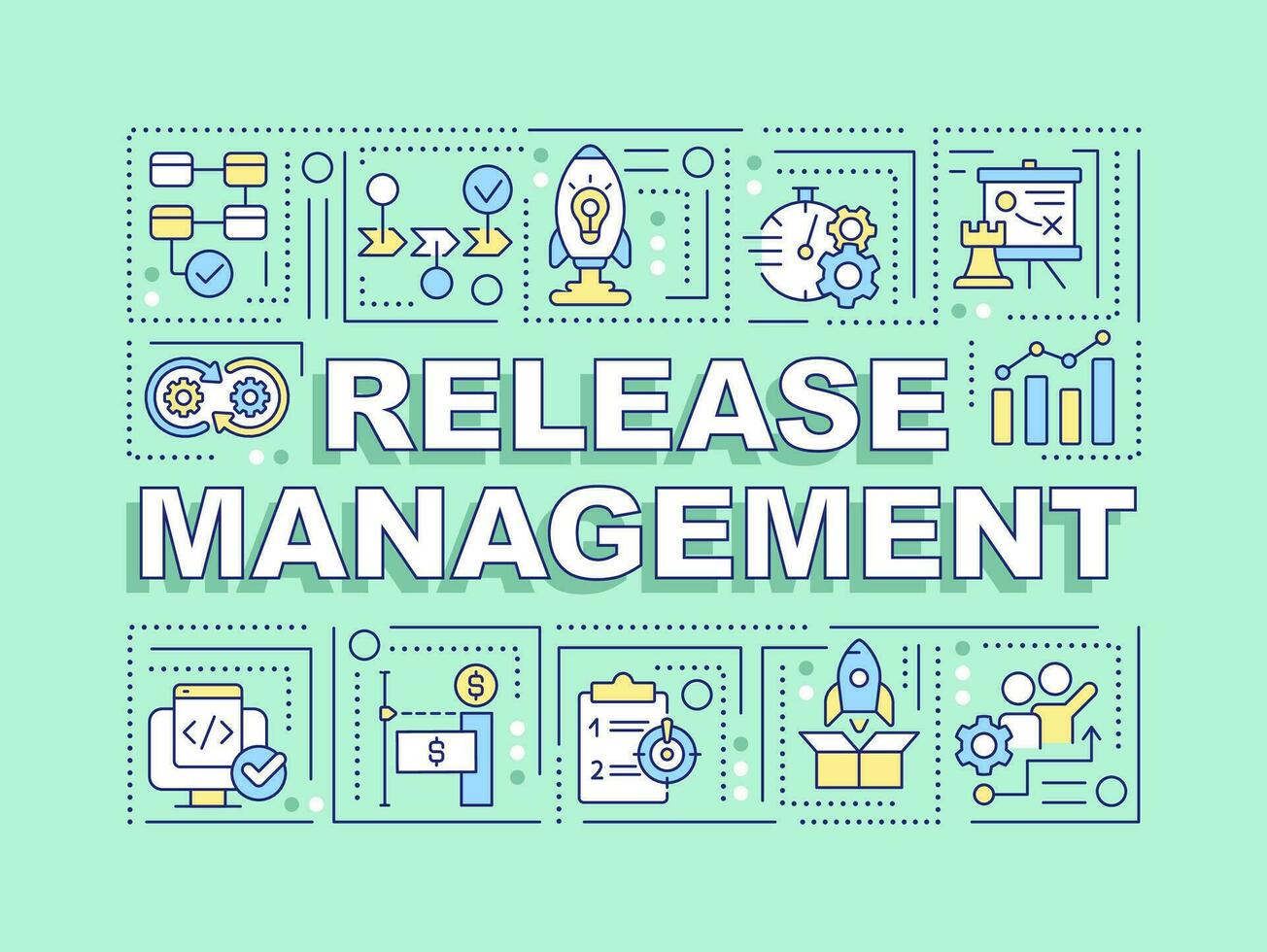 Release management word concepts light green banner. Software delivery. Infographics with editable icons on color background. Isolated typography. Vector illustration with text