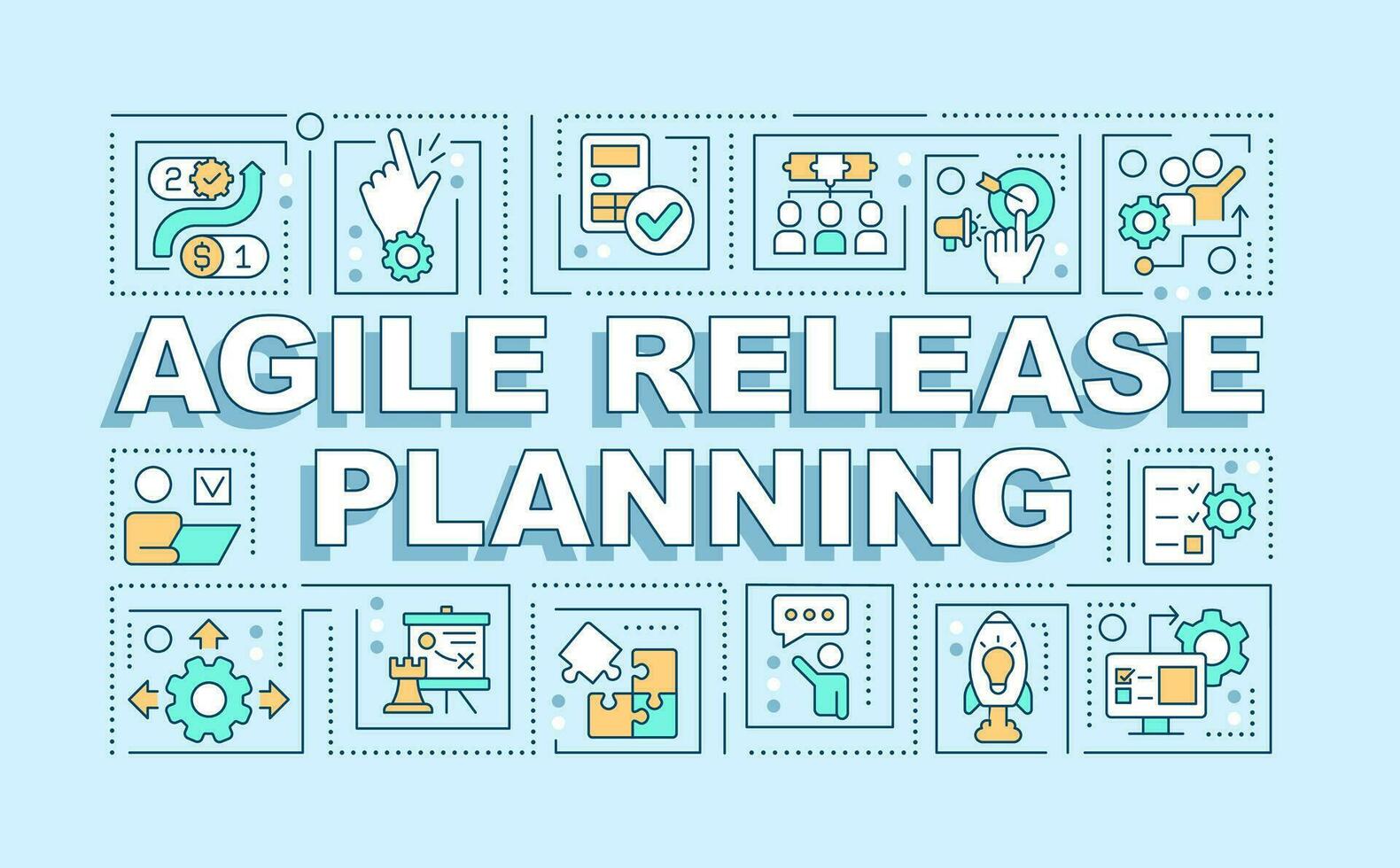 Agile release planning word concepts light blue banner. Team work. Infographics with editable icons on color background. Isolated typography. Vector illustration with text