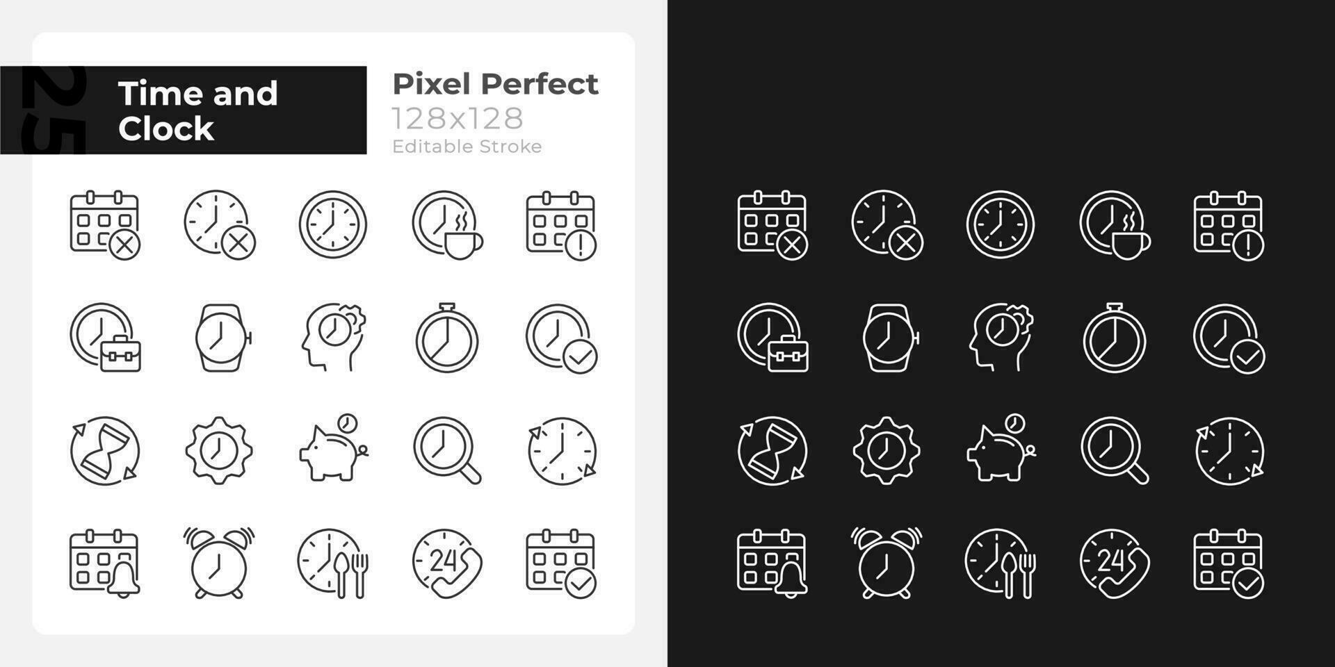 Time and clock pixel perfect linear icons set for dark, light mode. Daily schedule. Thin line symbols for night, day theme. Isolated illustrations. Editable stroke vector