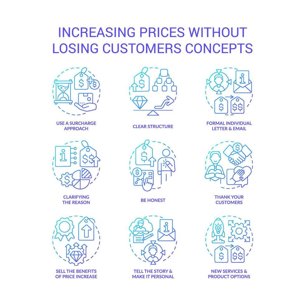 Increasing prices without losing customers blue gradient concept icons set. Commercial strategy idea thin line color illustrations. Isolated symbols vector