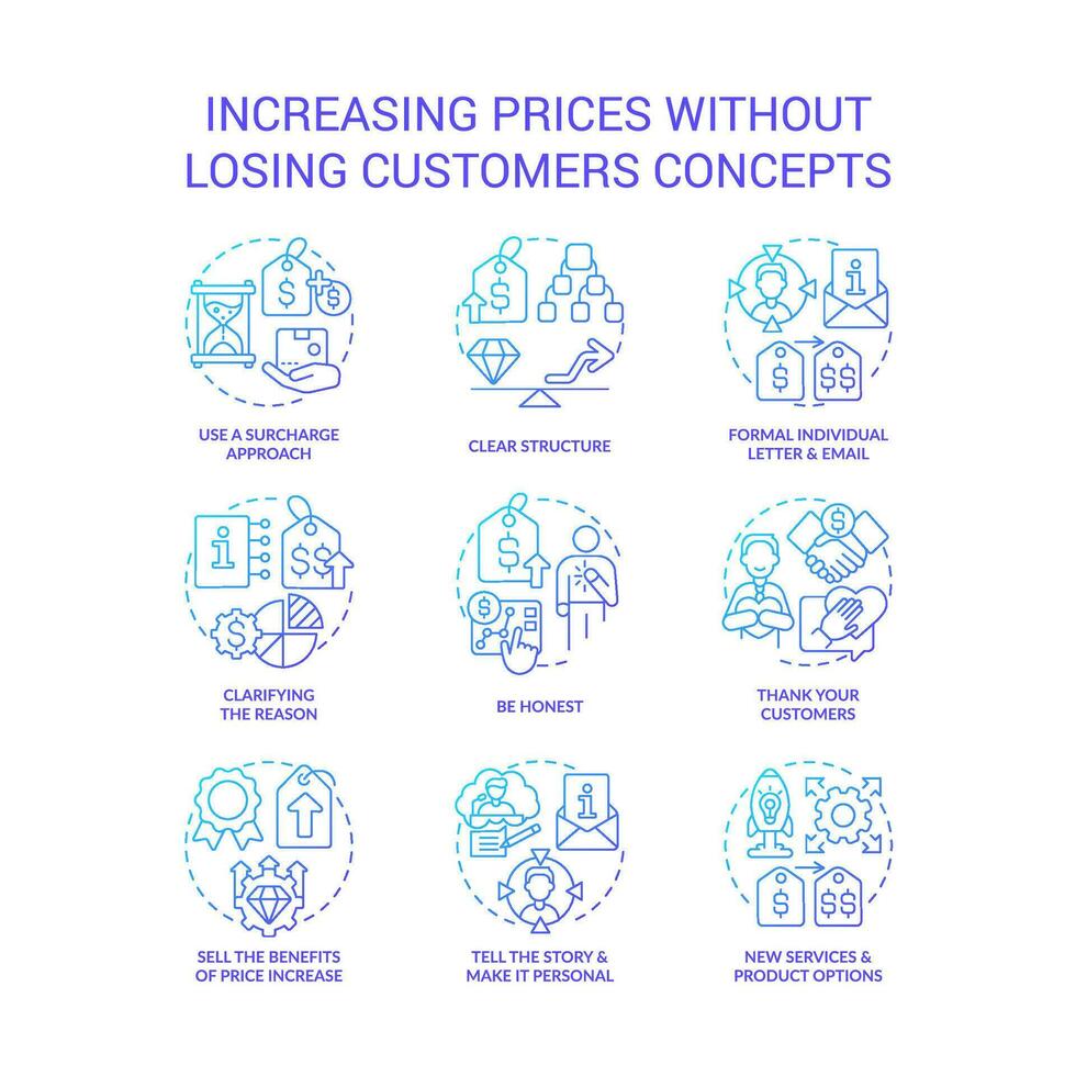 Increasing prices without losing customers blue gradient concept icons set. Commercial strategy idea thin line color illustrations. Isolated symbols vector