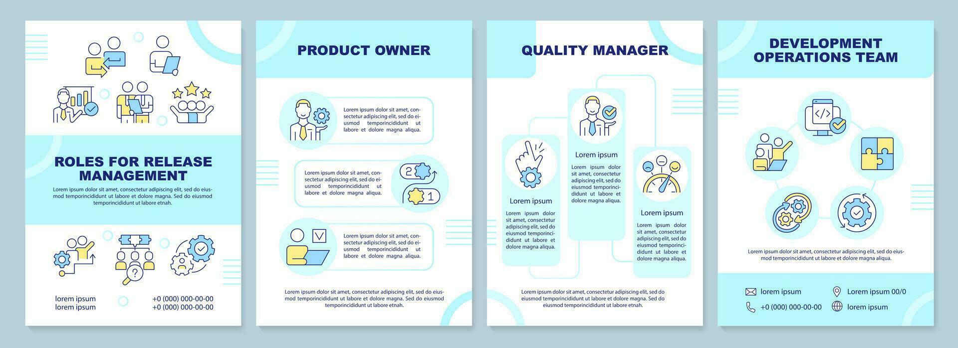 Roles for release management blue brochure template. Leaflet design with linear icons. Editable 4 vector layouts for presentation, annual reports