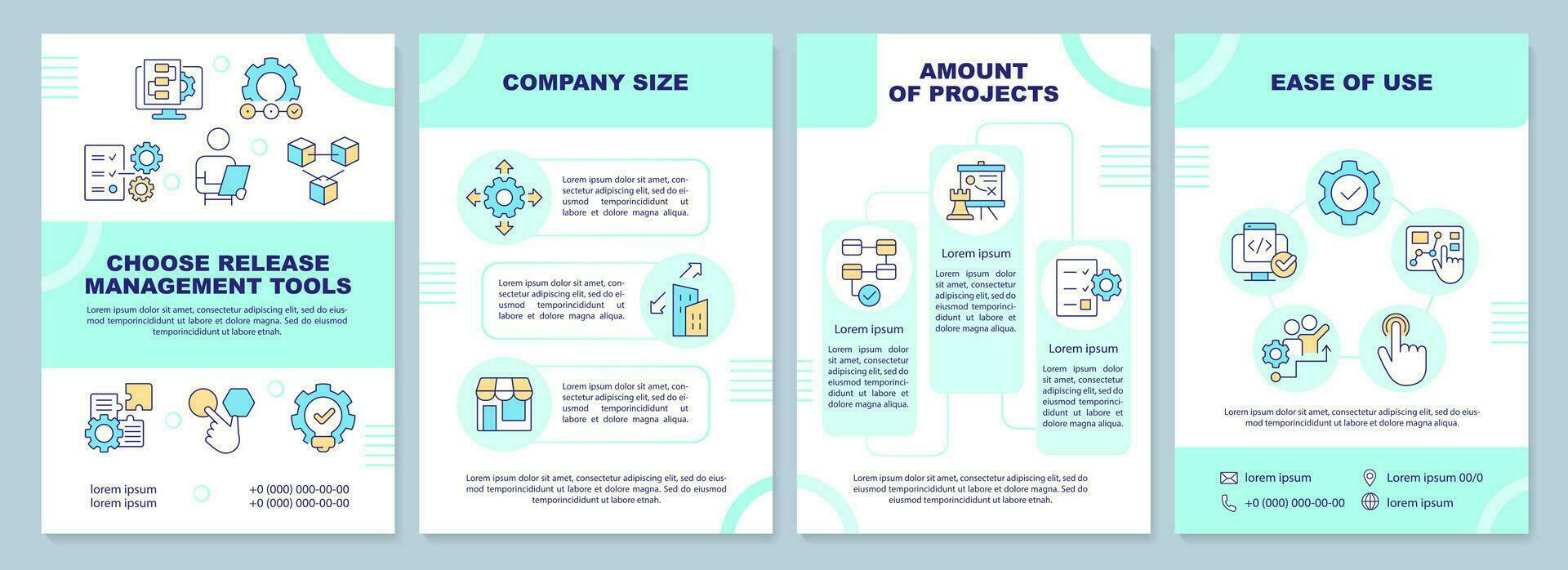 Choose release management tools blue brochure template. Leaflet design with linear icons. Editable 4 vector layouts for presentation, annual reports