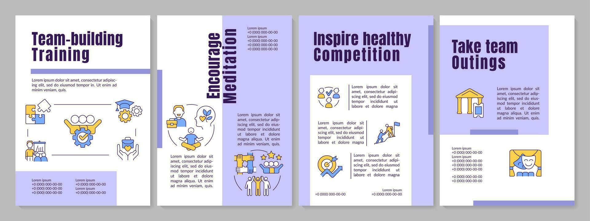 Training for teambuilding purple brochure template. Cooperation. Leaflet design with linear icons. Editable 4 vector layouts for presentation, annual reports