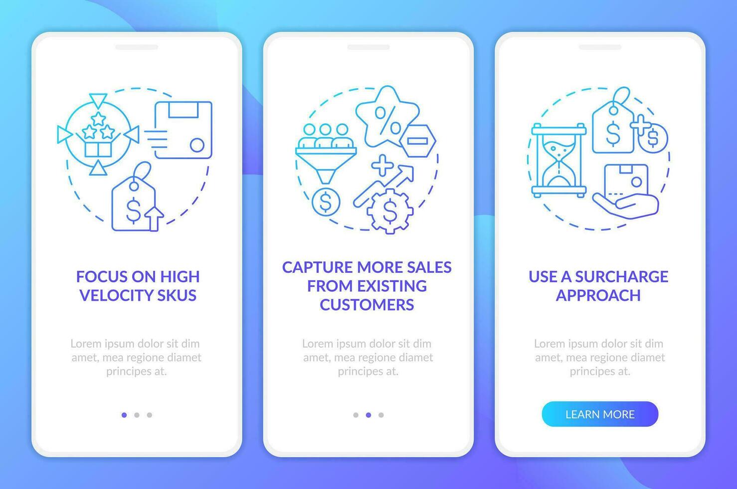 Strategies for raising prices blue gradient onboarding mobile app screen. Walkthrough 3 steps graphic instructions with linear concepts. UI, UX, GUI template vector