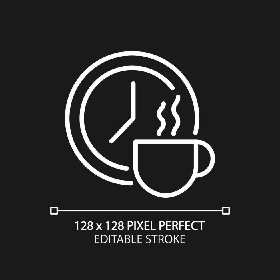 Break time pixel perfect white linear icon for dark theme. Scheduled period for lunch. Non-productive time. Thin line illustration. Isolated symbol for night mode. Editable stroke vector