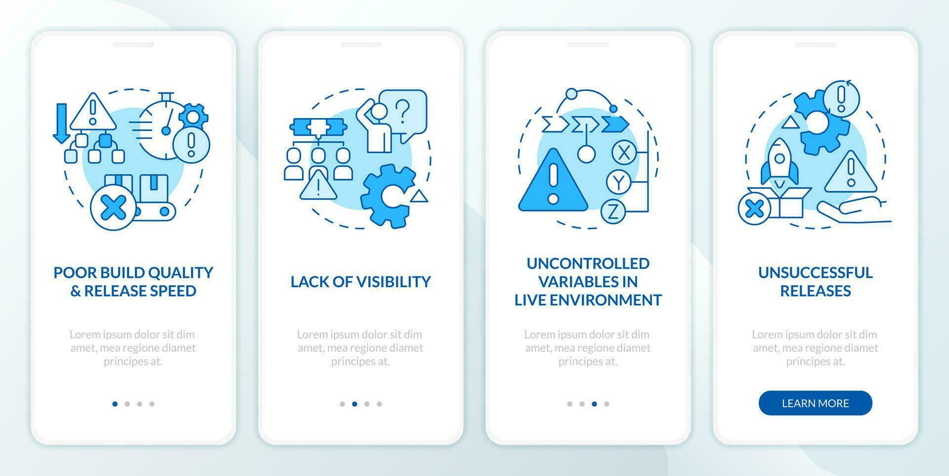 Frequent release management issues blue onboarding mobile app screen. Walkthrough 4 steps editable graphic instructions with linear concepts. UI, UX, GUI template vector