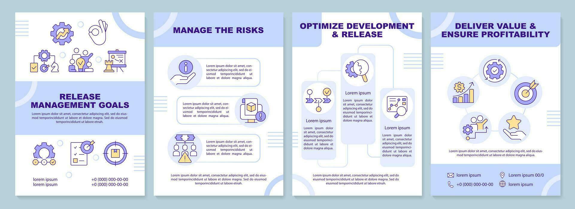 Release management goals blue brochure template. Leaflet design with linear icons. Editable 4 vector layouts for presentation, annual reports