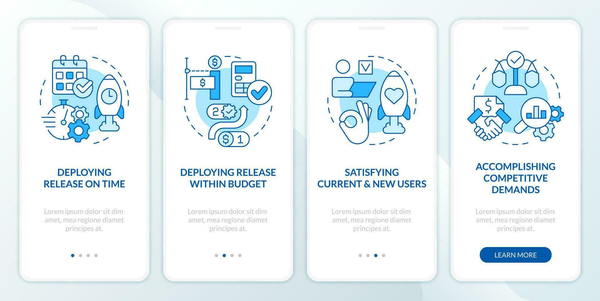 Release management key indicators blue onboarding mobile app screen. Walkthrough 4 steps editable graphic instructions with linear concepts. UI, UX, GUI template vector