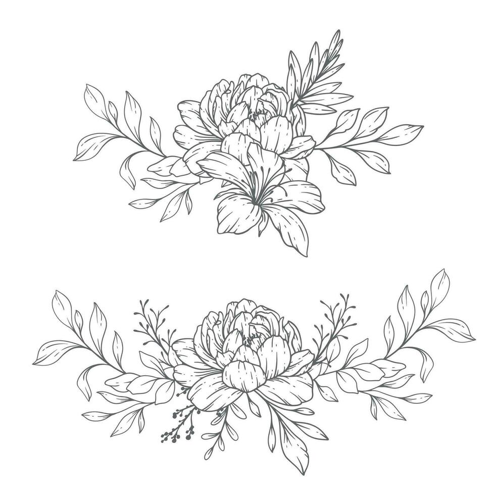 Wildflowers Line Art, Fine Line Wildflower Bouquets Hand Drawn Illustration. Coloring Page with Flowers. vector