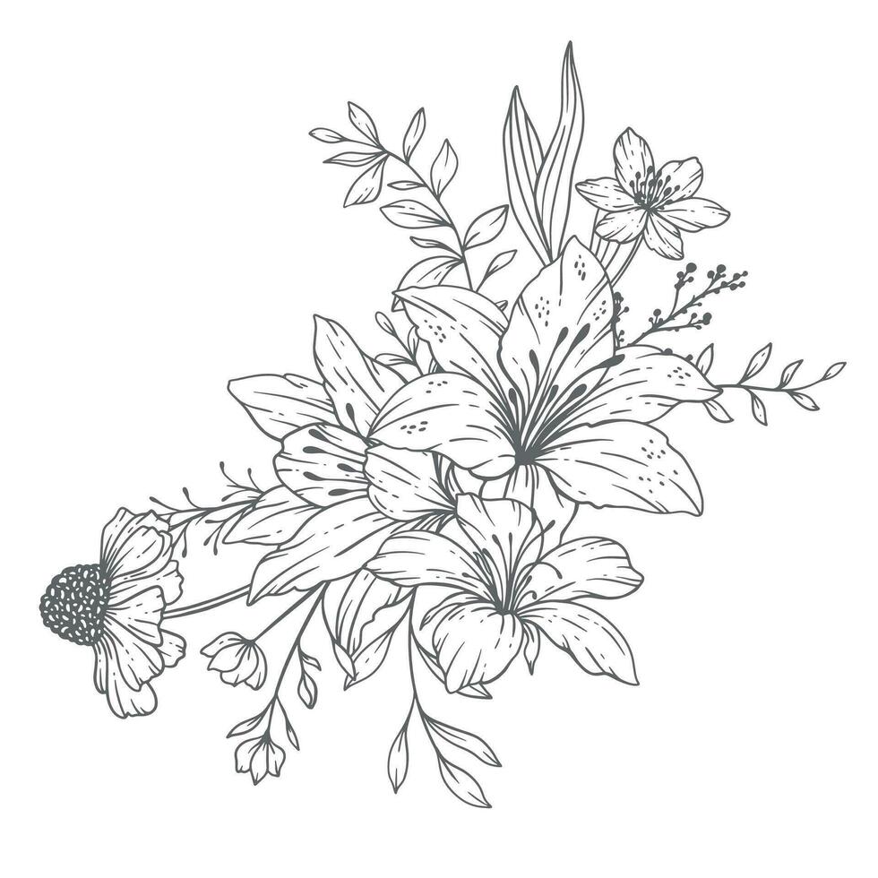 Wildflowers Line Art, Fine Line Wildflower Bouquets Hand Drawn Illustration. Coloring Page with Flowers. vector