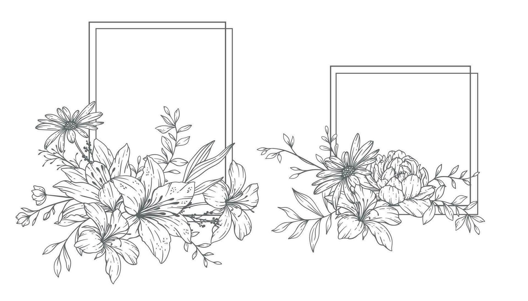Floral Frames Line Art, Fine Line Wildflower Frames Hand Drawn Illustration. Outline Leaves and Flowers. vector