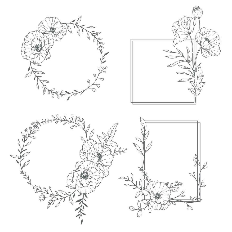 floral marcos línea arte, multa línea amapola marcos mano dibujado ilustración. contorno hojas y flores vector