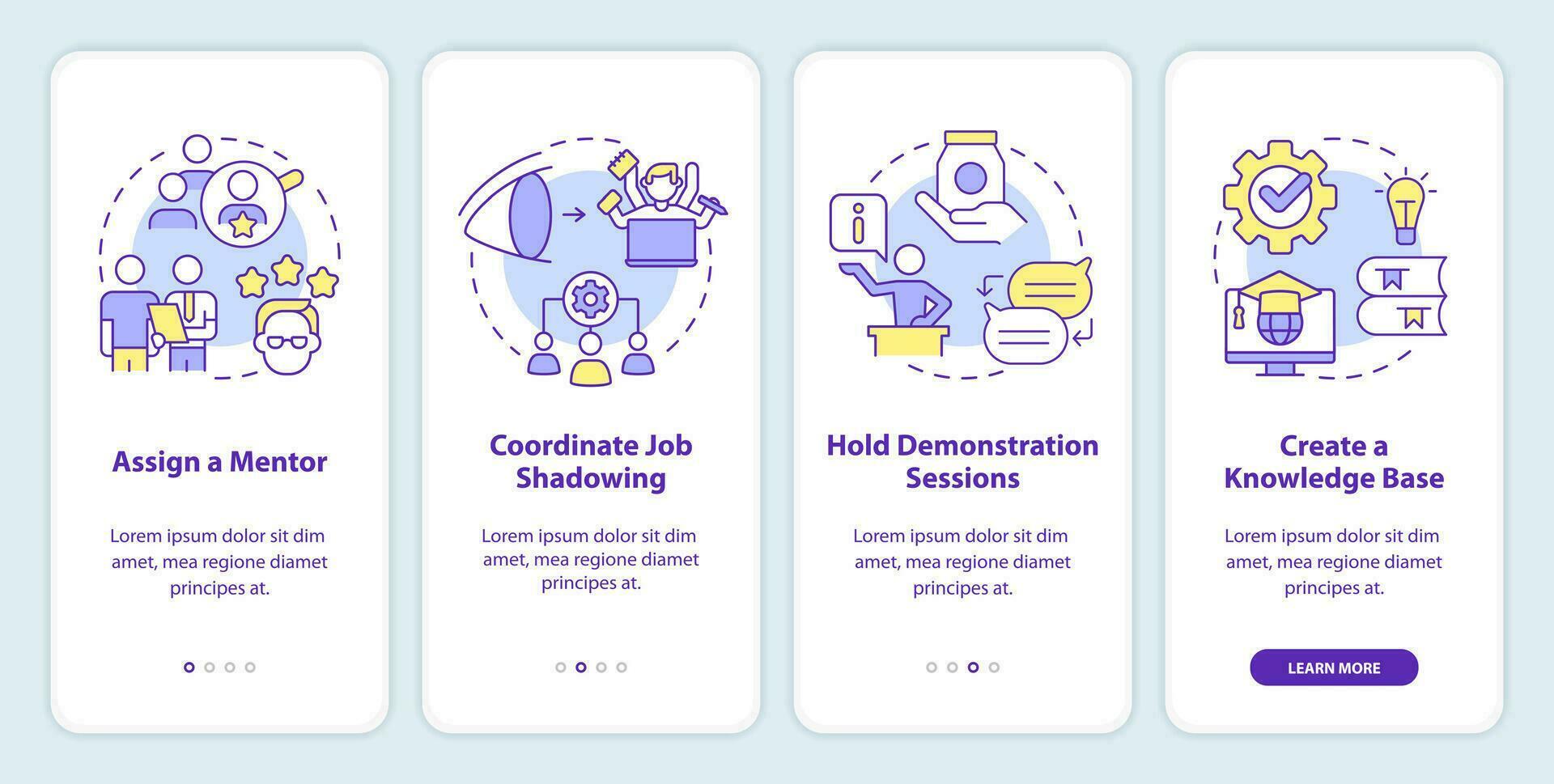 Product feature and application training onboarding mobile app screen. Walkthrough 4 steps editable graphic instructions with linear concepts. UI, UX, GUI template vector