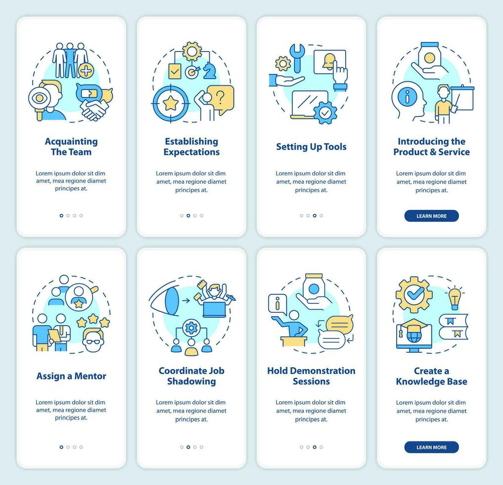 Trainings for employees onboarding mobile app screens set. Business walkthrough 4 steps editable graphic instructions with linear concepts. UI, UX, GUI template vector