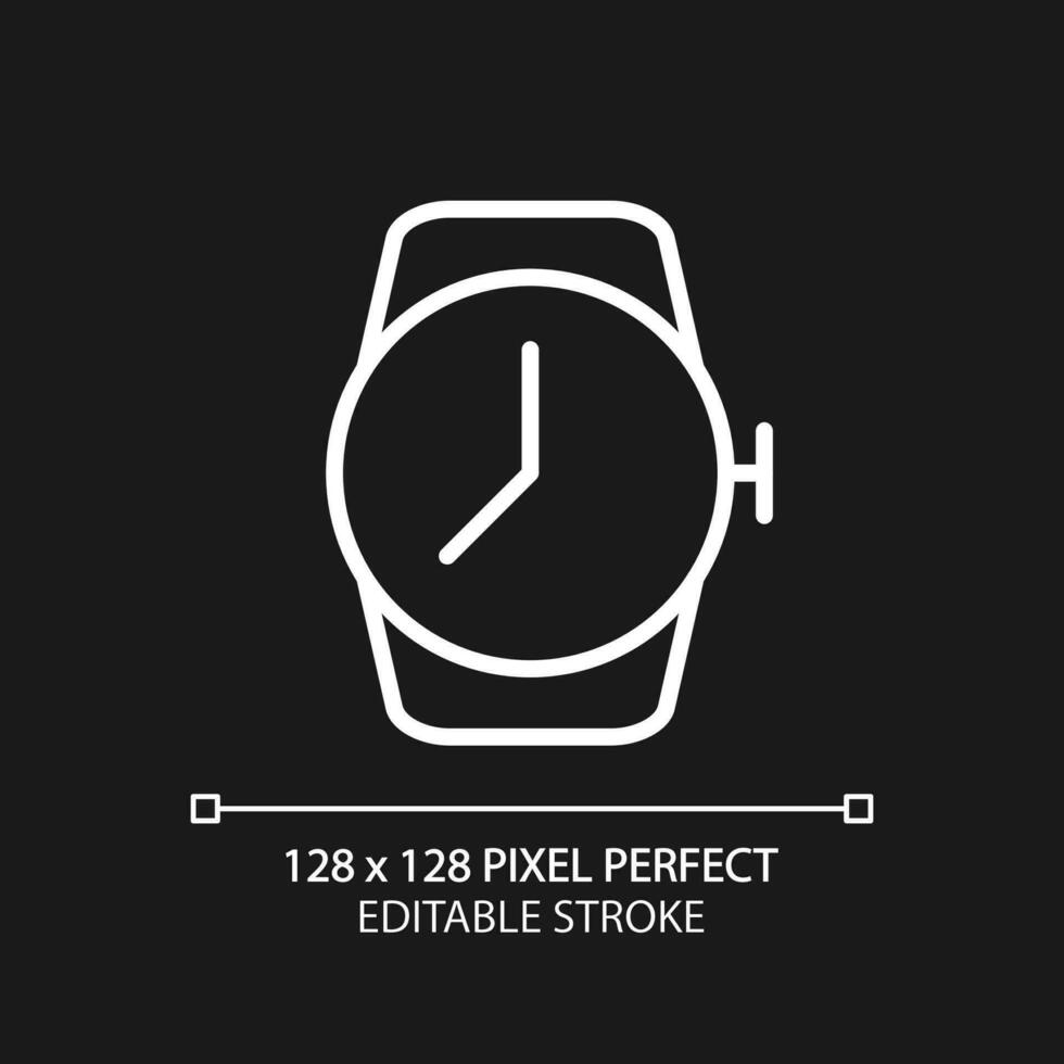 Wrist watch pixel perfect white linear icon for dark theme. Modern watchmaking hobby. Fashionable accessory. Thin line illustration. Isolated symbol for night mode. Editable stroke vector