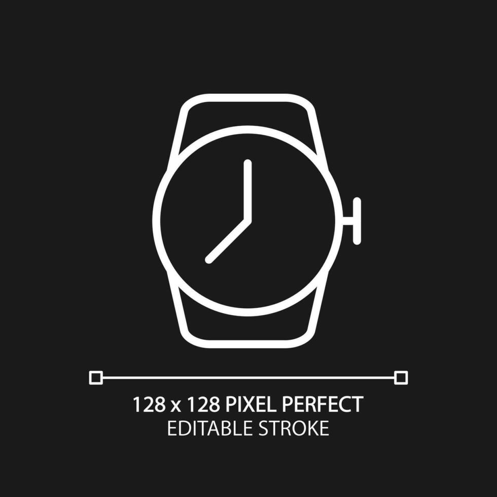 muñeca reloj píxel Perfecto blanco lineal icono para oscuro tema. moderno relojería pasatiempo. de moda accesorio. Delgado línea ilustración. aislado símbolo para noche modo. editable carrera vector