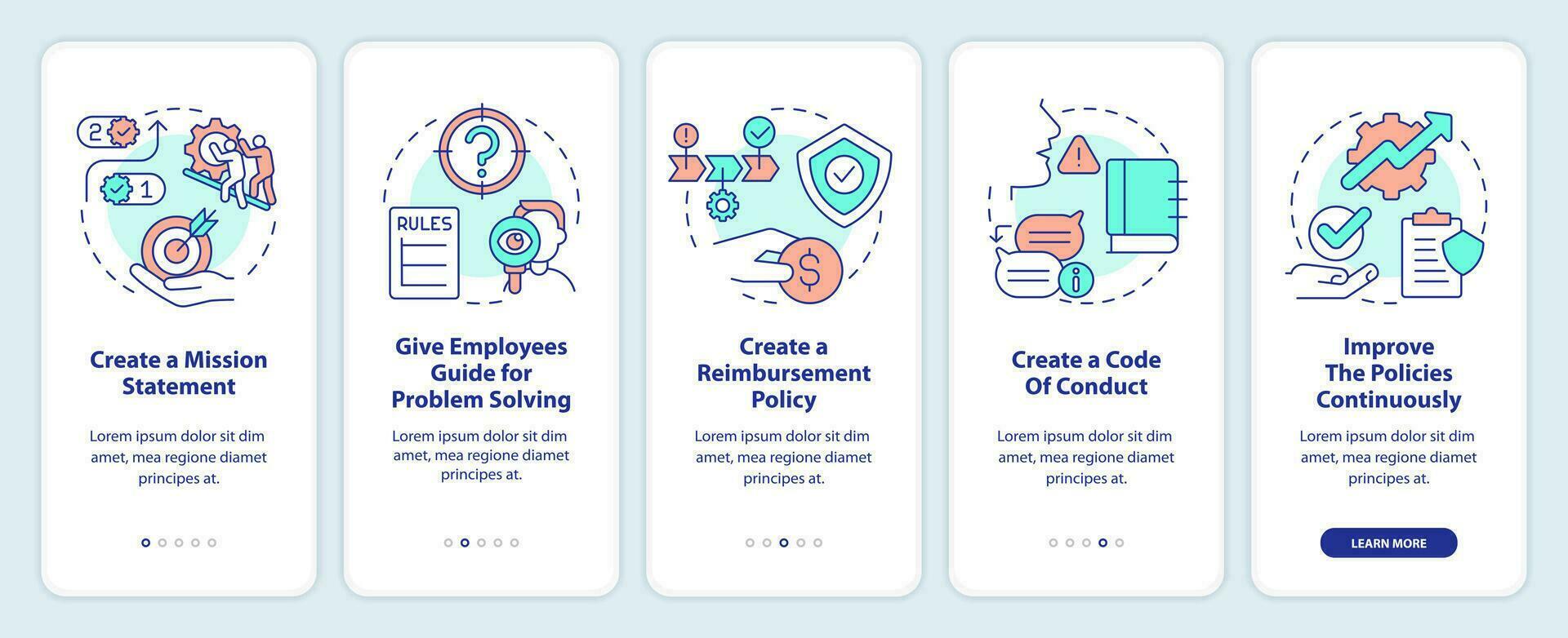 Create customer service policy onboarding mobile app screen. Business walkthrough 5 steps editable graphic instructions with linear concepts. UI, UX, GUI template vector